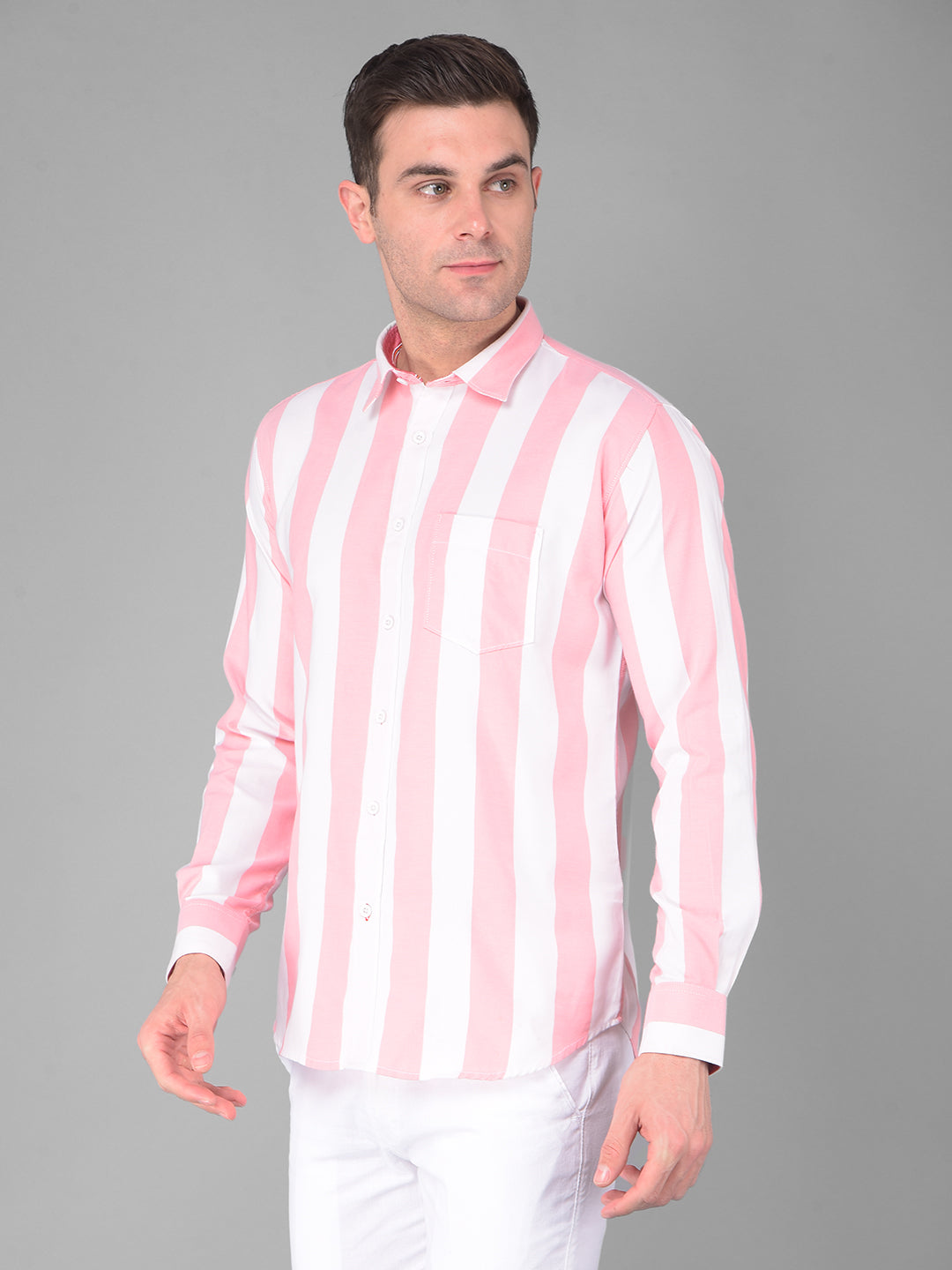 cobb white rose pink striped slim fit casual shirt