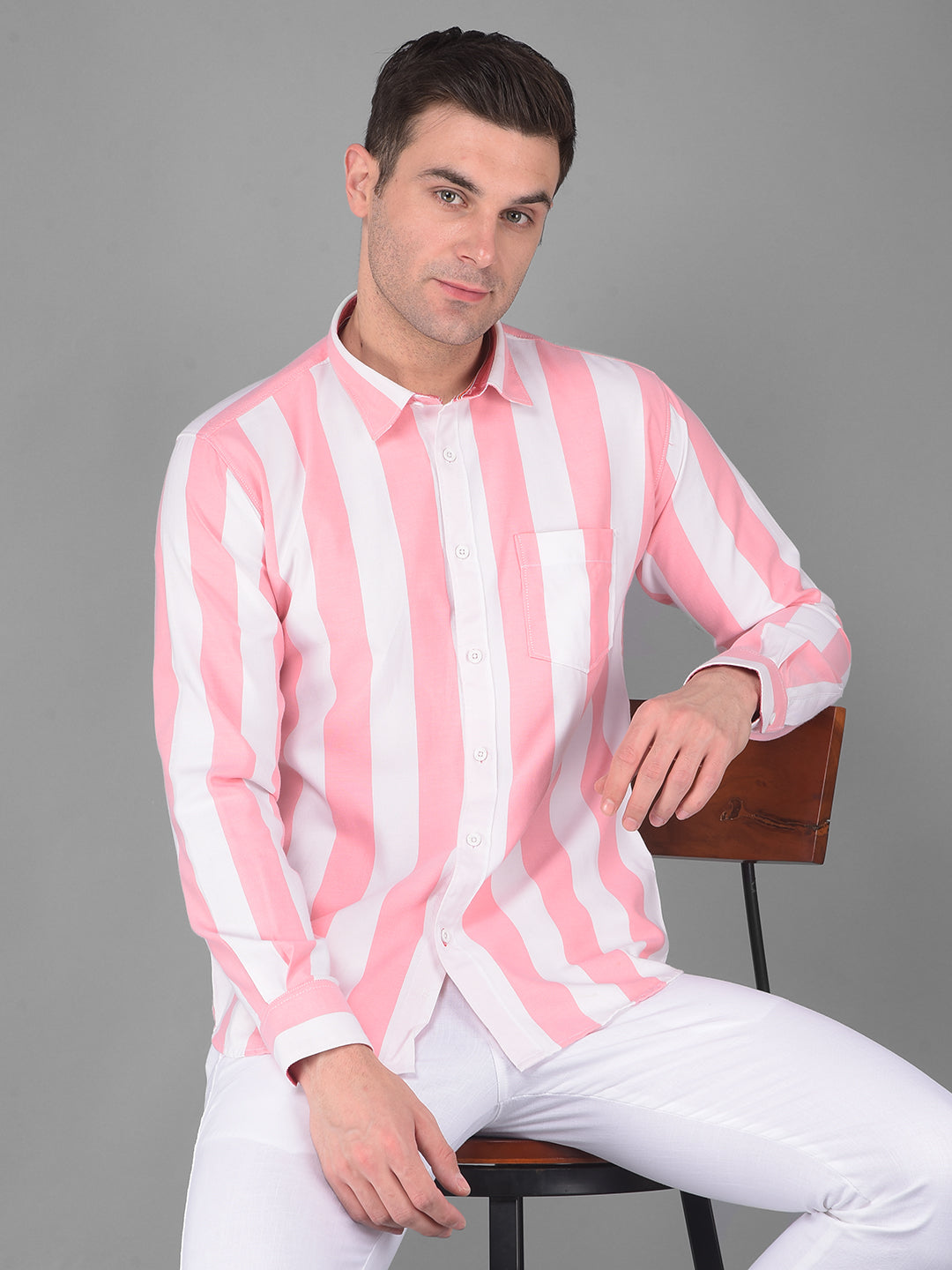 COBB WHITE ROSE PINK STRIPED SLIM FIT CASUAL SHIRT