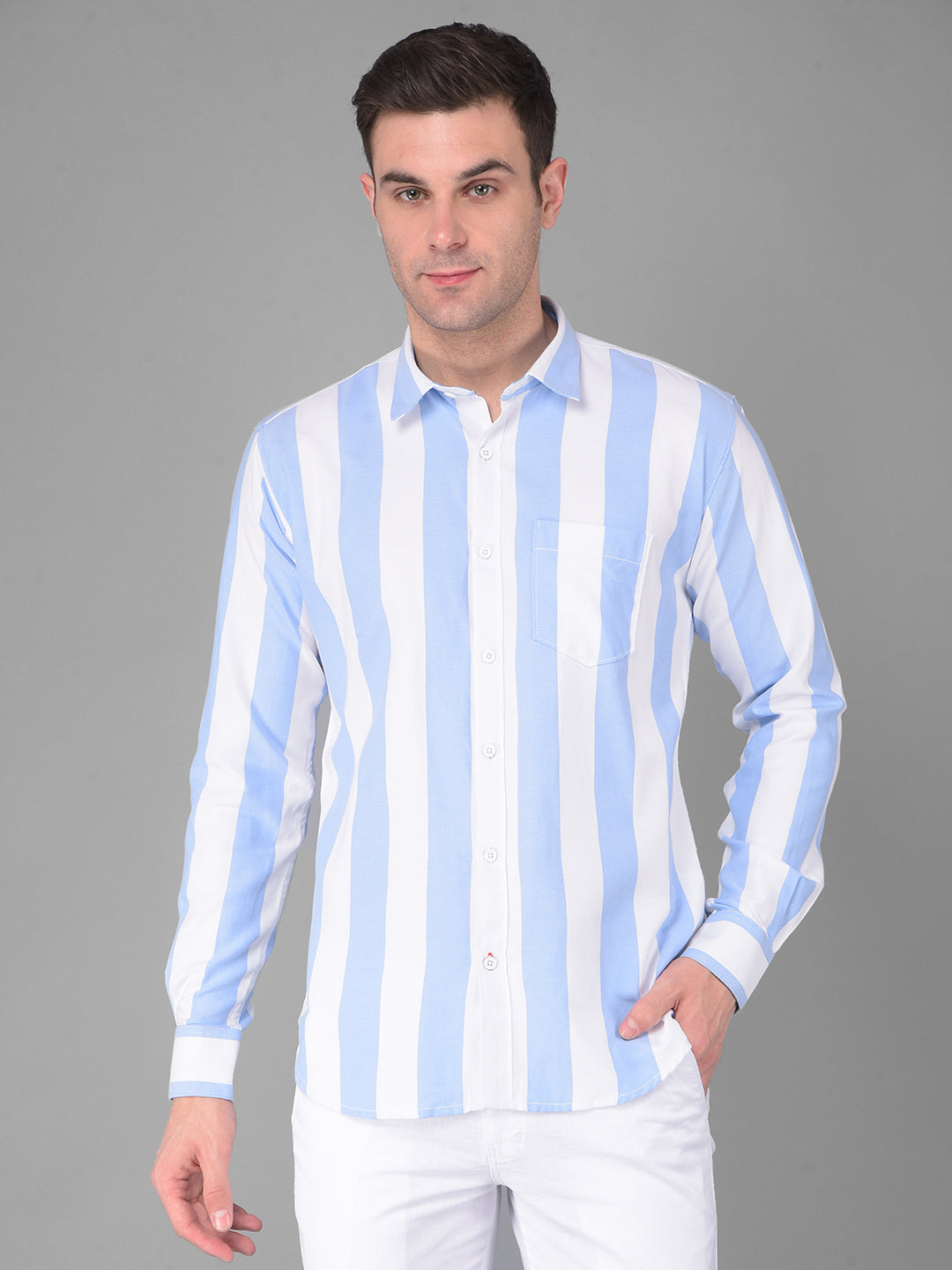 cobb white sky blue striped slim fit casual shirt
