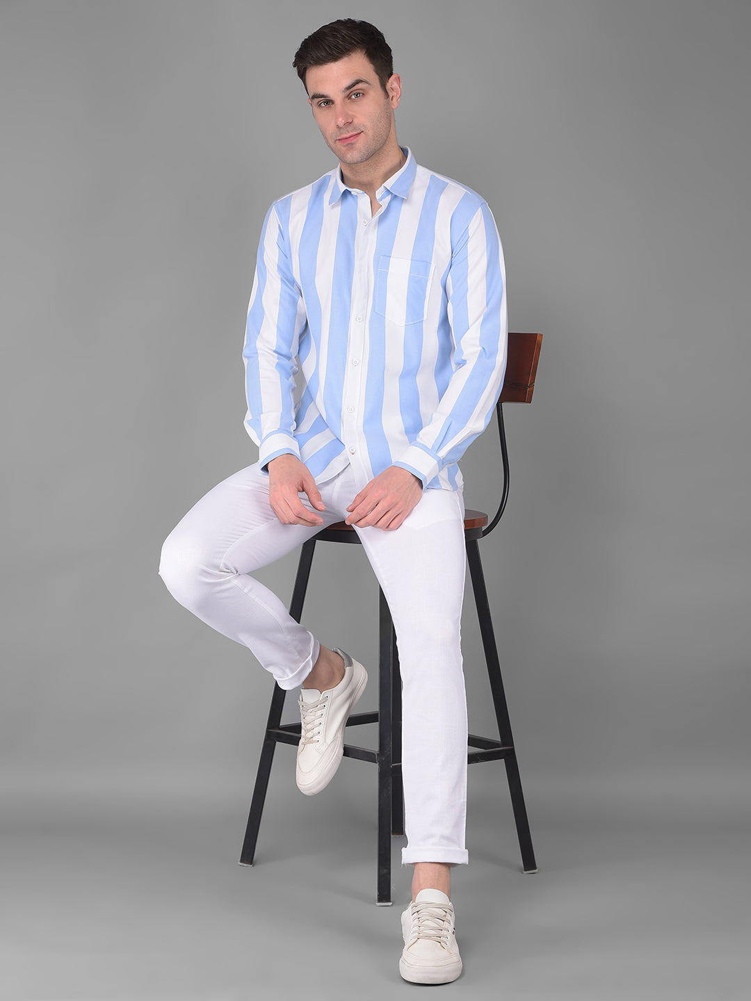 cobb white sky blue striped slim fit casual shirt