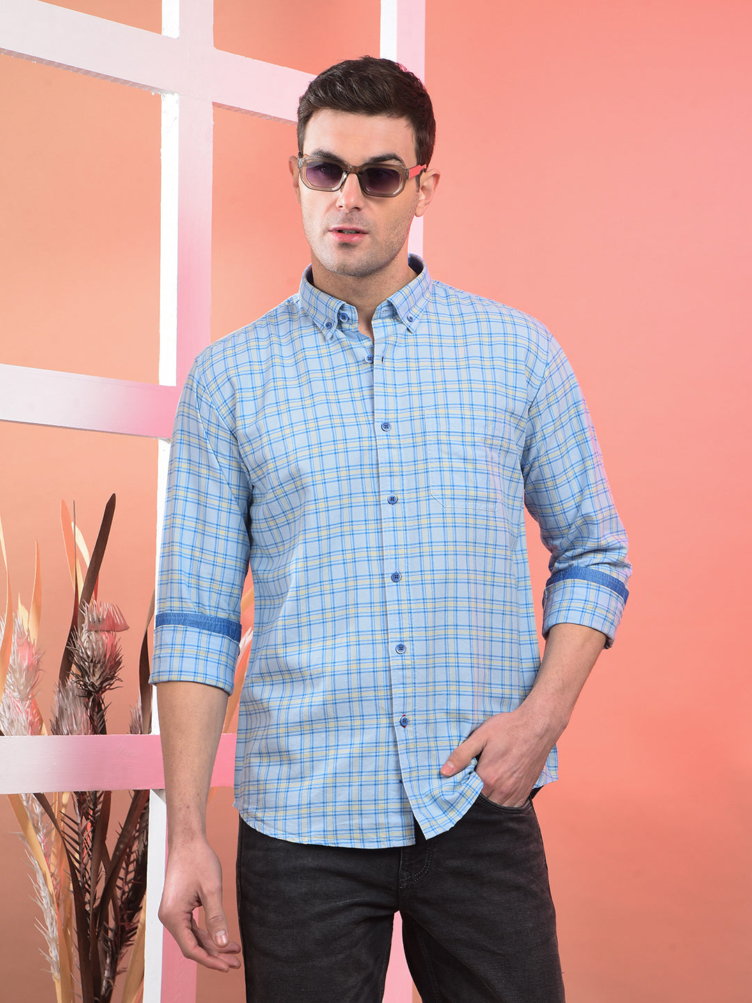 COBB SKY BLUE CHECKED SLIM-FIT BUTTON DOWN CASUAL SHIRT