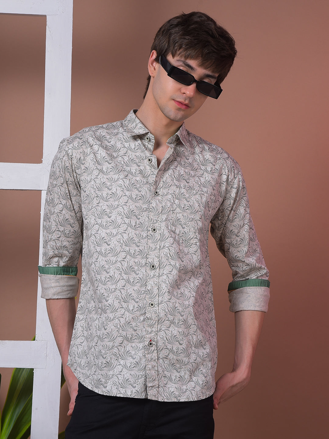 cobb royal beige printed slim-fit casual shirt