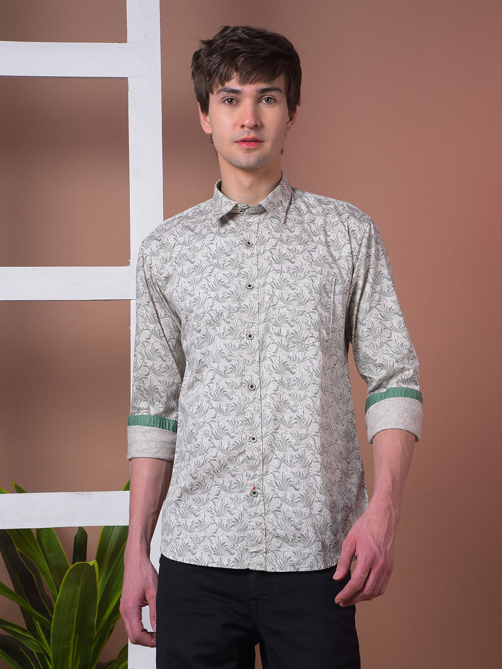 cobb royal beige printed slim-fit casual shirt