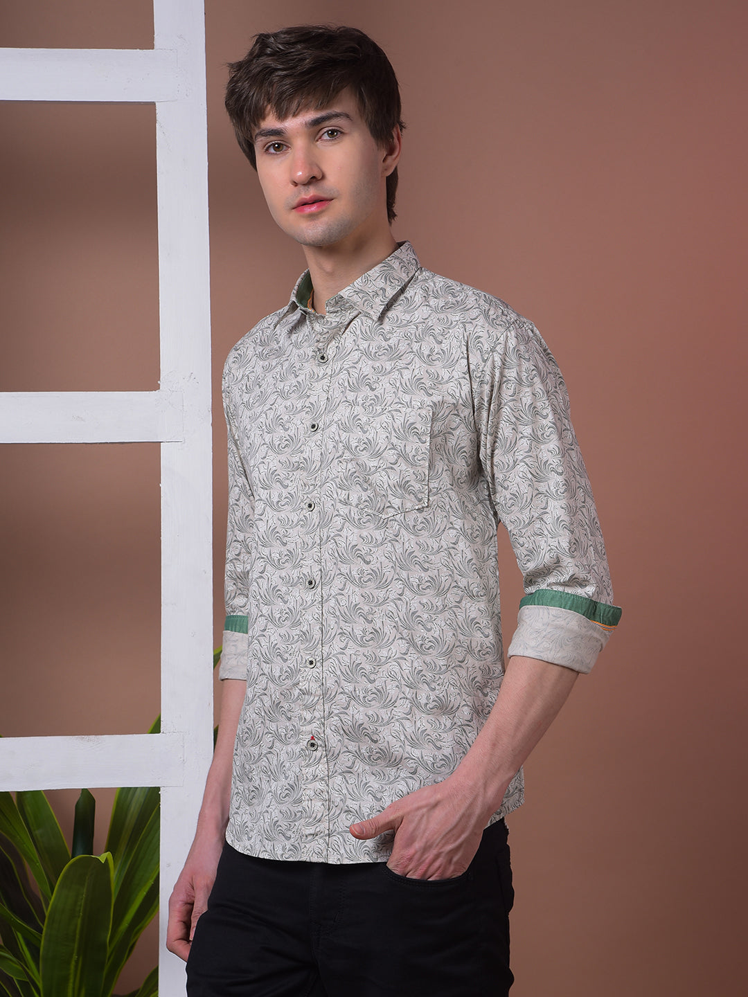COBB ROYAL BEIGE PRINTED SLIM-FIT CASUAL SHIRT