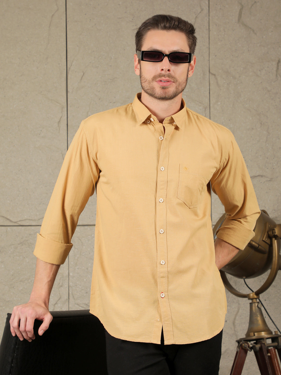 COBB SOLID KHAKI SLIM FIT BUTTON DOWN CASUAL SHIRT