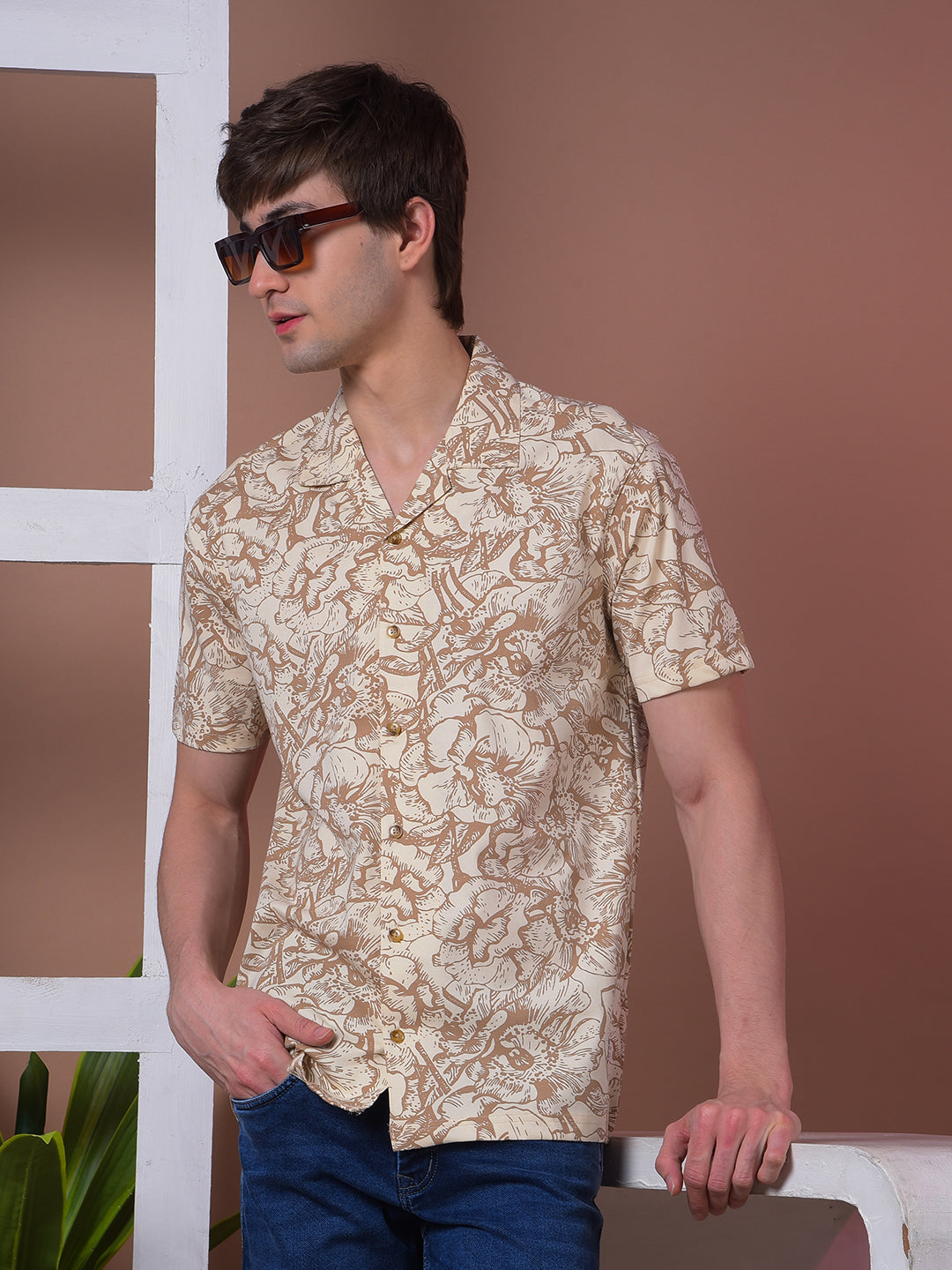 cobb beige printed half-sleeve casual shirt