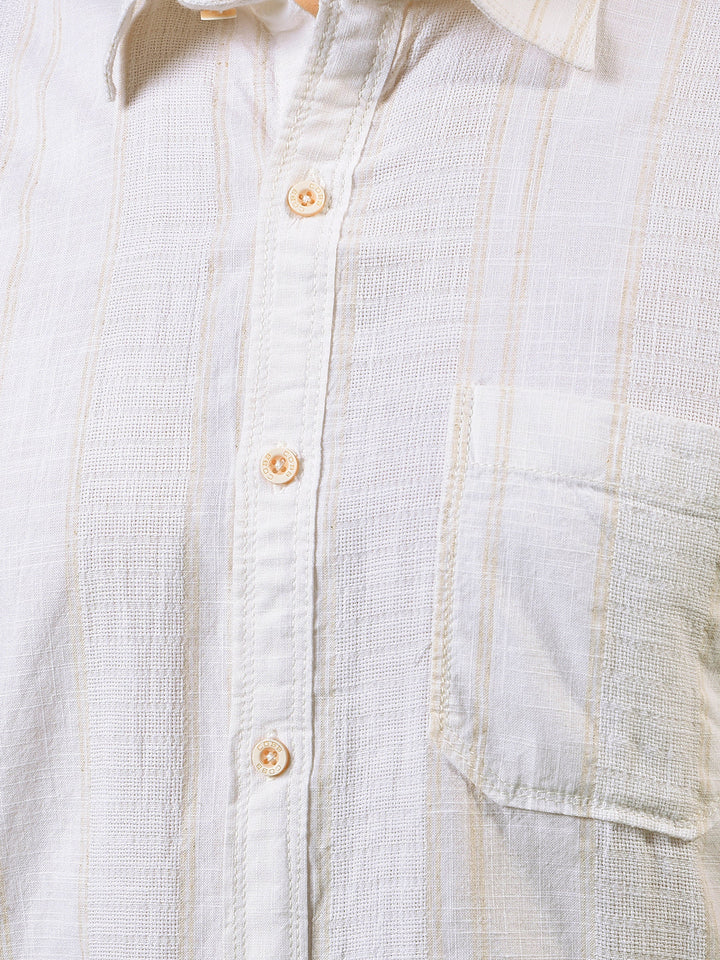 cobb cream striped half-sleeve casual shirt