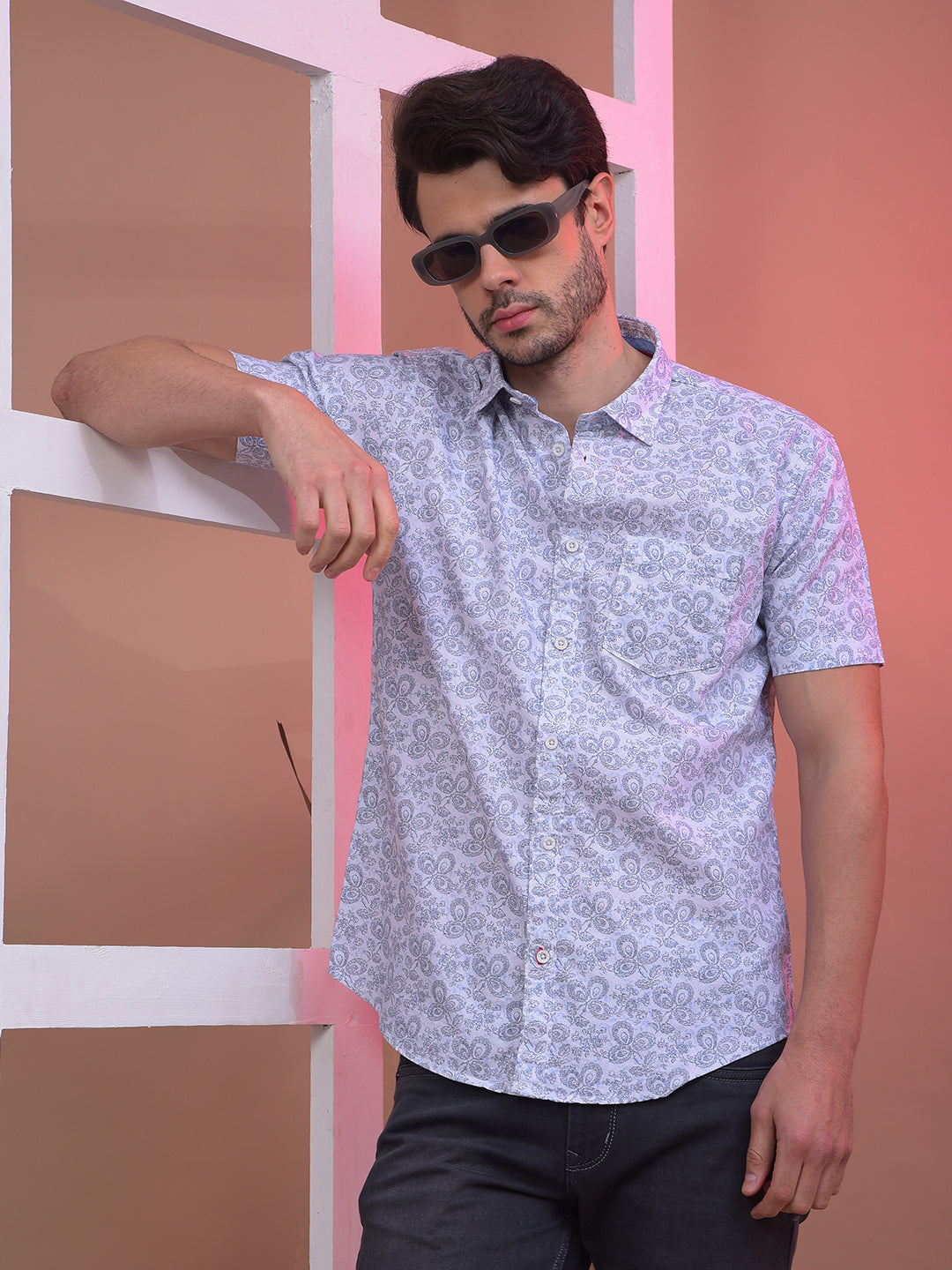 COBB WHITE PRINTED HALF-SLEEVE CASUAL SHIRT