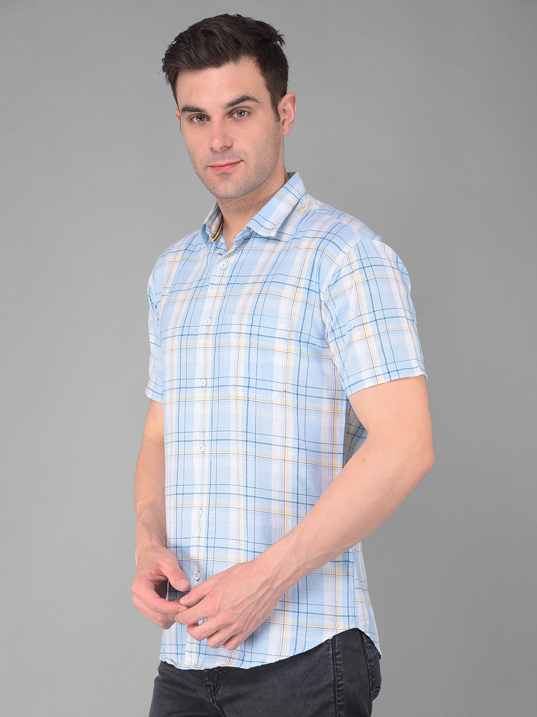 cobb sky blue checked half-sleeve slim fit casual shirt