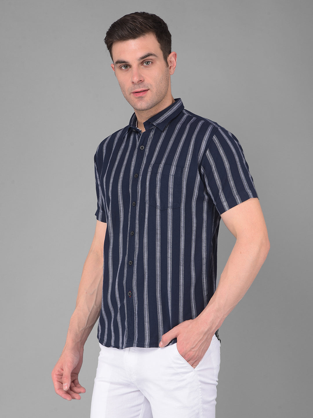 cobb navy striped half-sleeve slim fit casual shirt