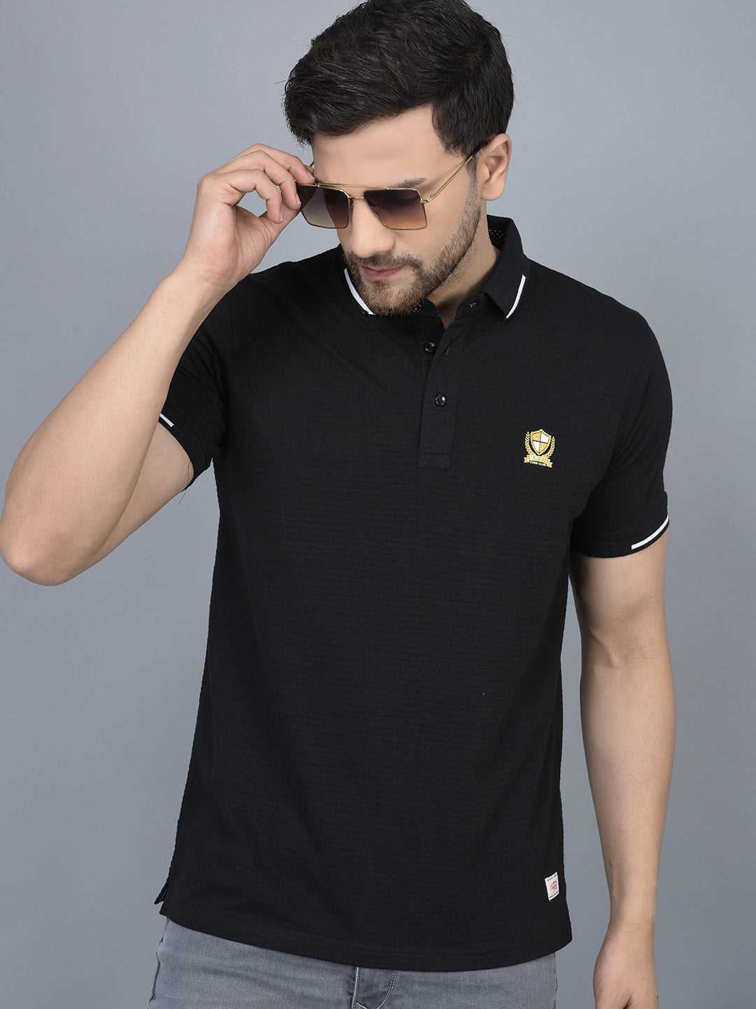 Cobb Black Solid Polo Neck T-Shirt BLACK