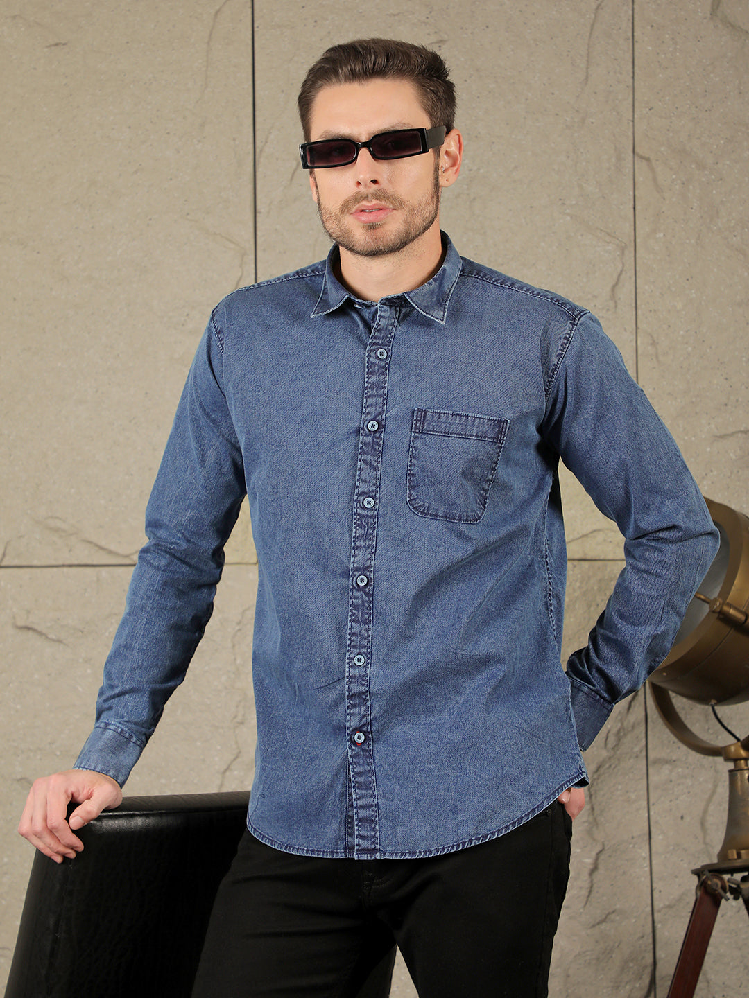COBB SOLID BLUE SLIM-FIT DENIM CASUAL SHIRT