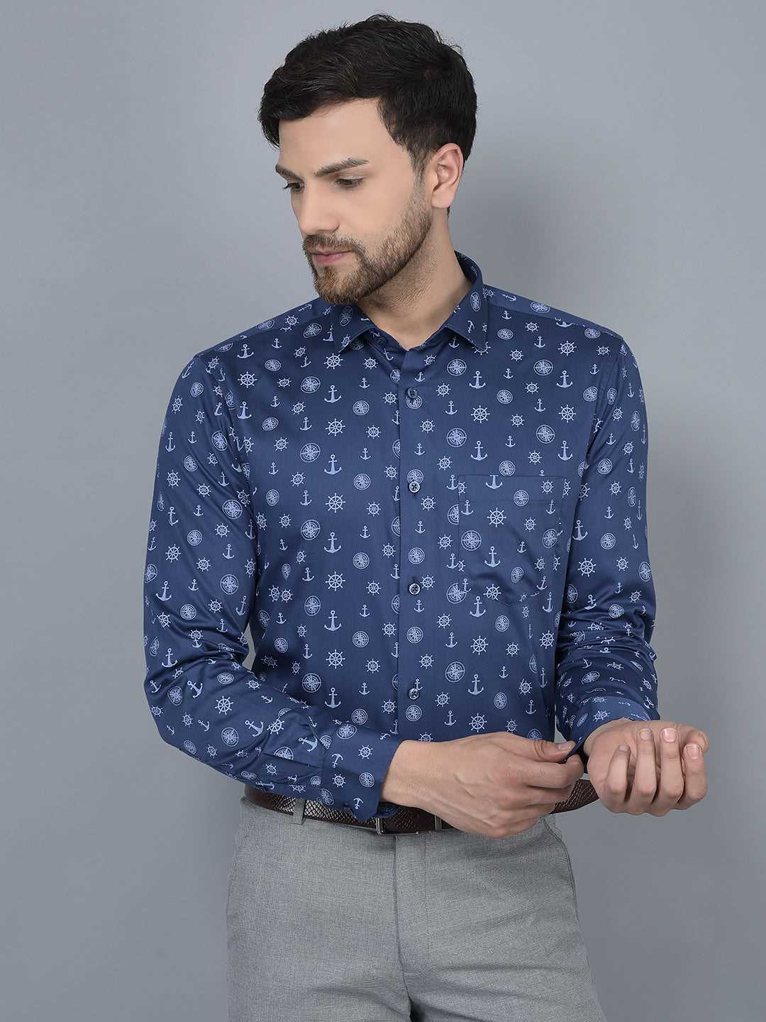 Cobb Blue Printed Slim Fit Formal Shirt