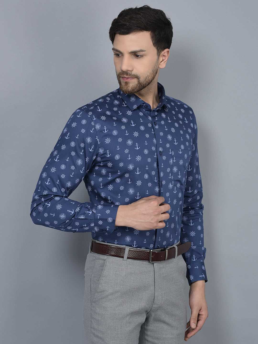 Cobb Blue Printed Slim Fit Formal Shirt