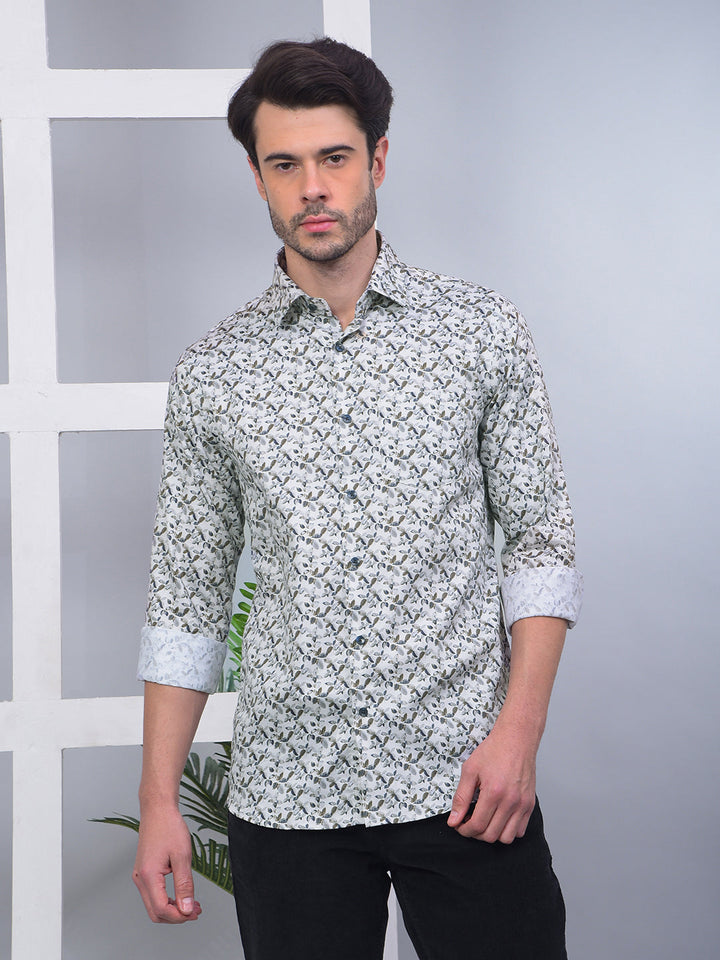 cobb off white printed slim-fit party wear shirt