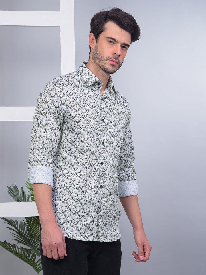 COBB OFF WHITE PRINTED SLIM-FIT PARTY WEAR SHIRT