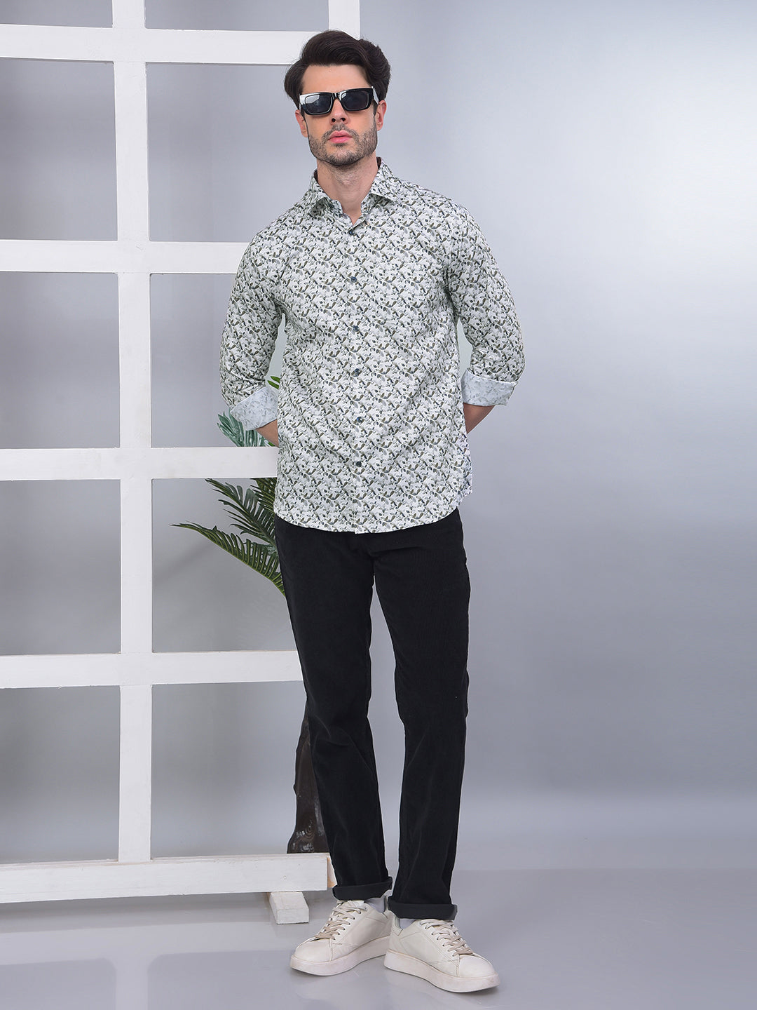 COBB OFF WHITE PRINTED SLIM-FIT PARTY WEAR SHIRT