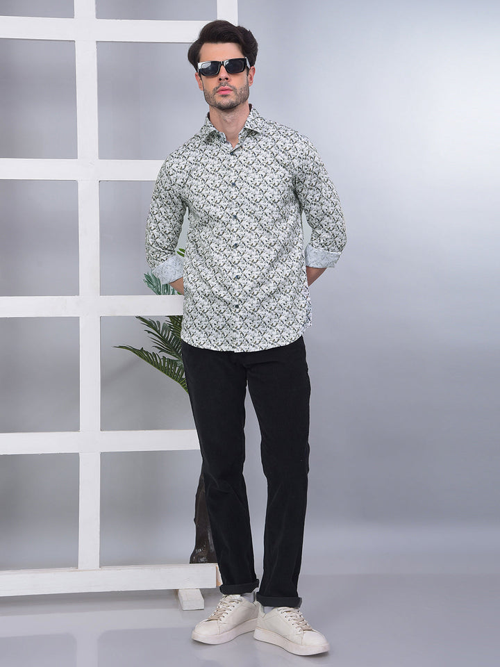 COBB OFF WHITE PRINTED SLIM-FIT PARTY WEAR SHIRT