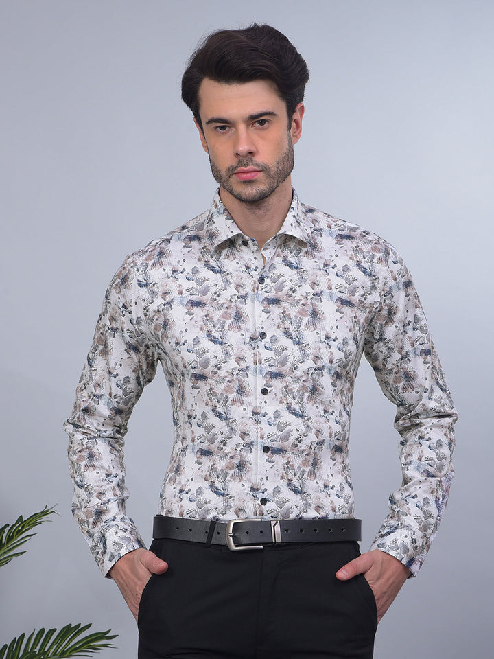 cobb off white printed slim-fit party wear shirt