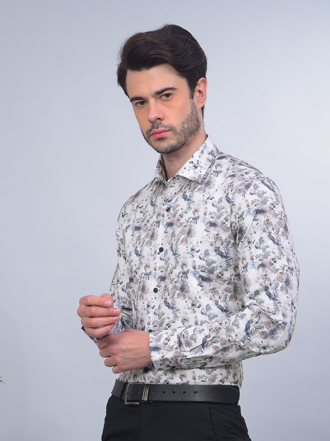 COBB OFF WHITE PRINTED SLIM-FIT PARTY WEAR SHIRT