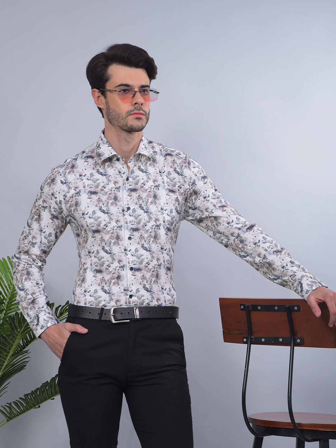 COBB OFF WHITE PRINTED SLIM-FIT PARTY WEAR SHIRT