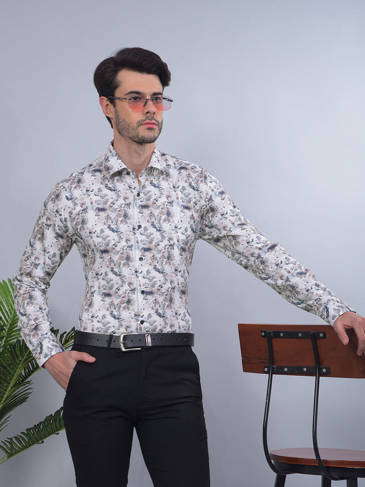 COBB OFF WHITE PRINTED SLIM-FIT PARTY WEAR SHIRT