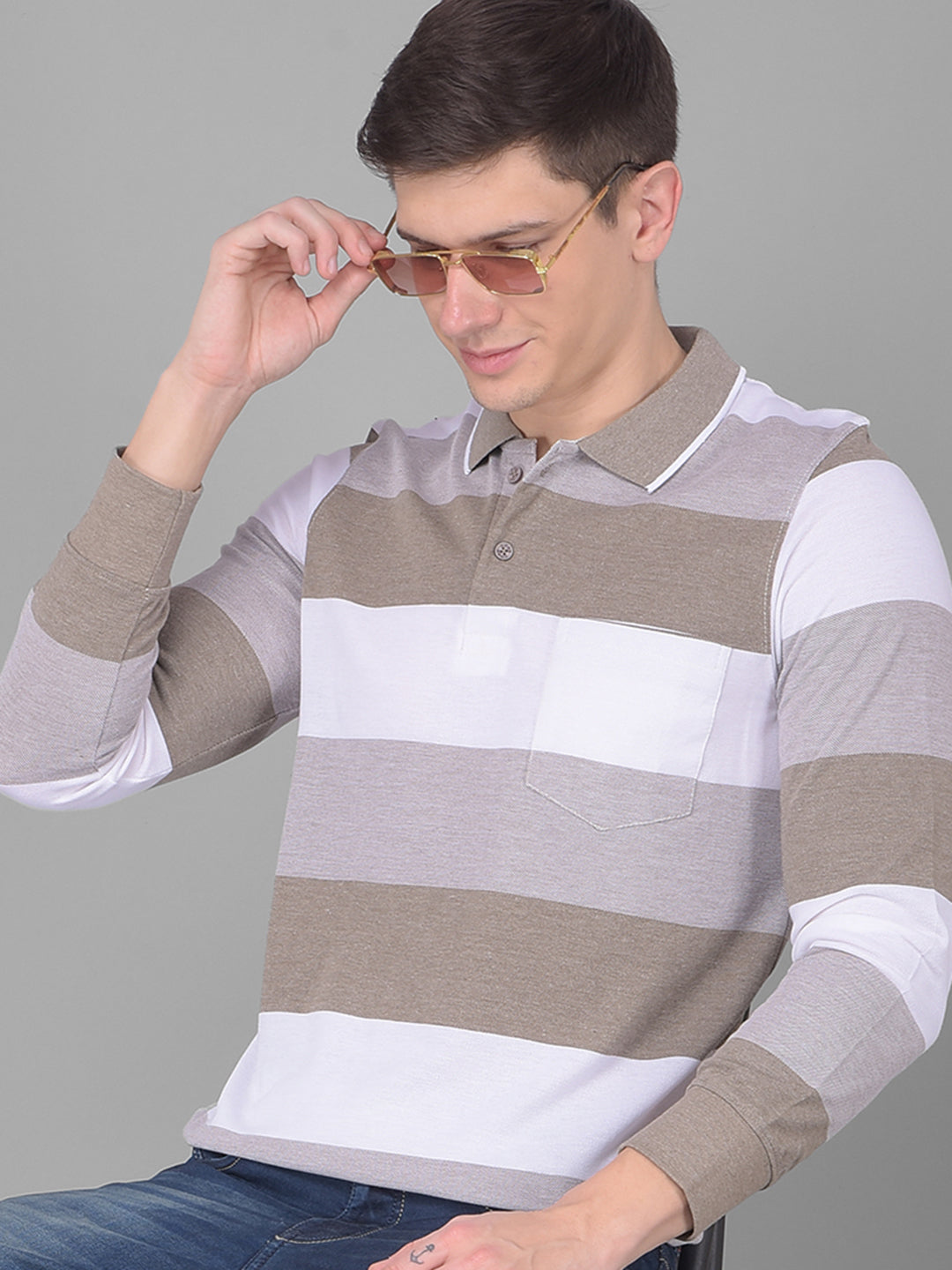 COBB MULTICOLOR STRIPED COLLAR FULL SLEEVE T-SHIRT