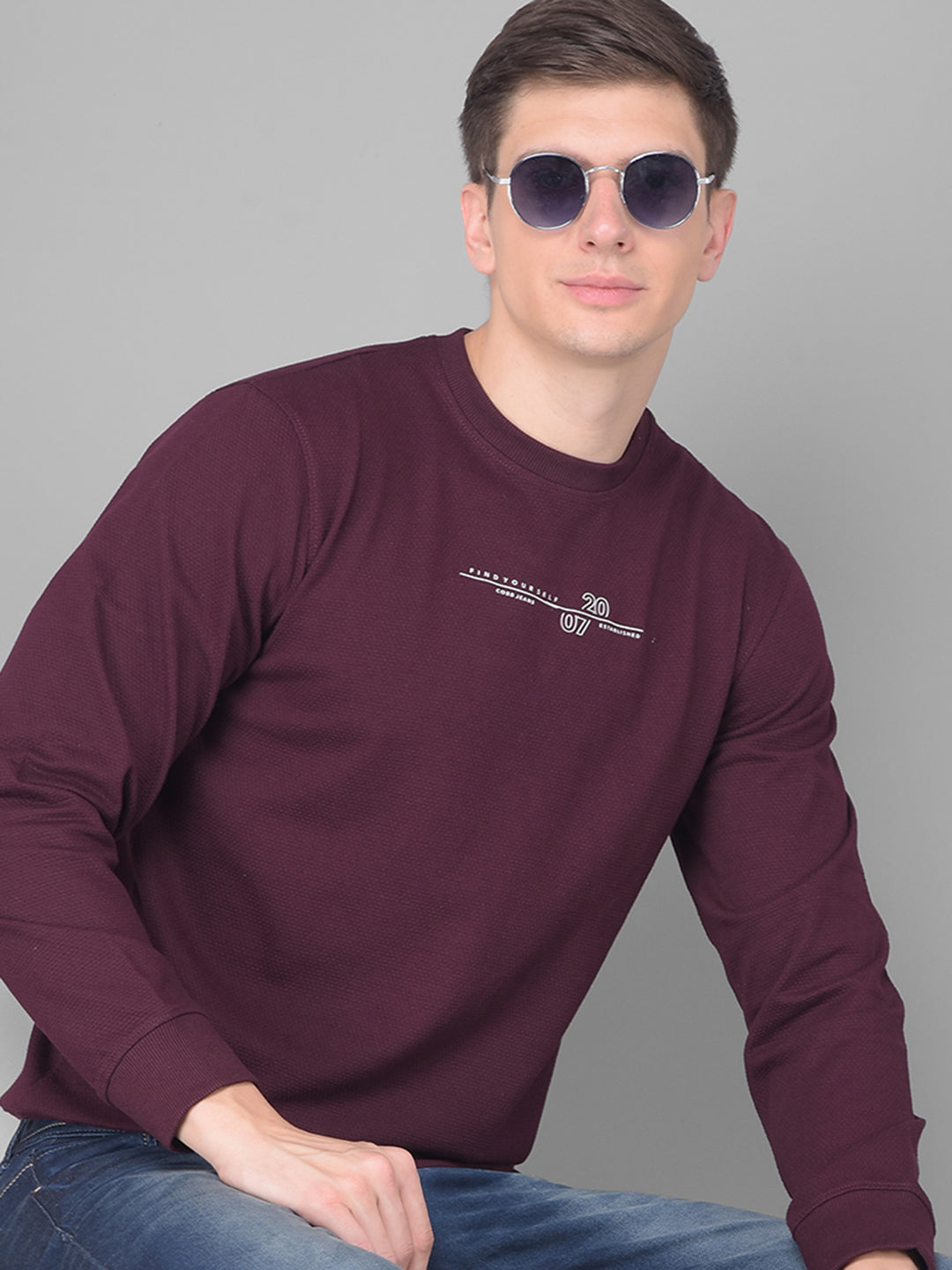 COBB SOLID WINE ROUND NECK FULL SLEEVE T SHIRT