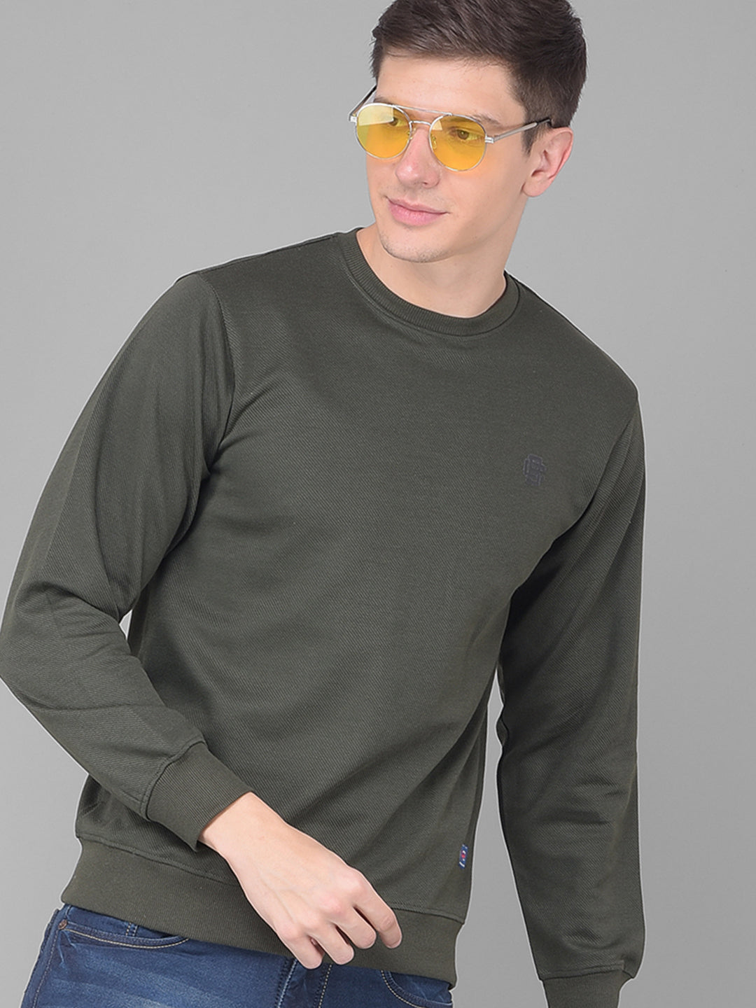 COBB SOLID DARK OLIVE ROUND NECK FULL SLEEVE T-SHIRT