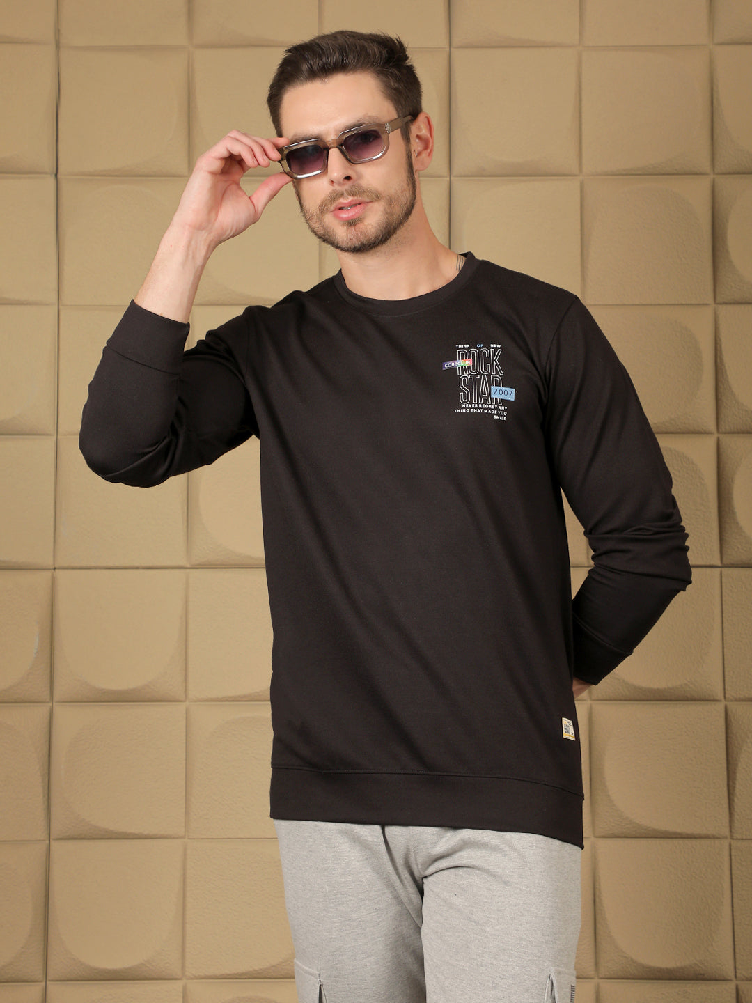 COBB BLACK PRINTED ROUND NECK FULL SLEEVE T-SHIRT