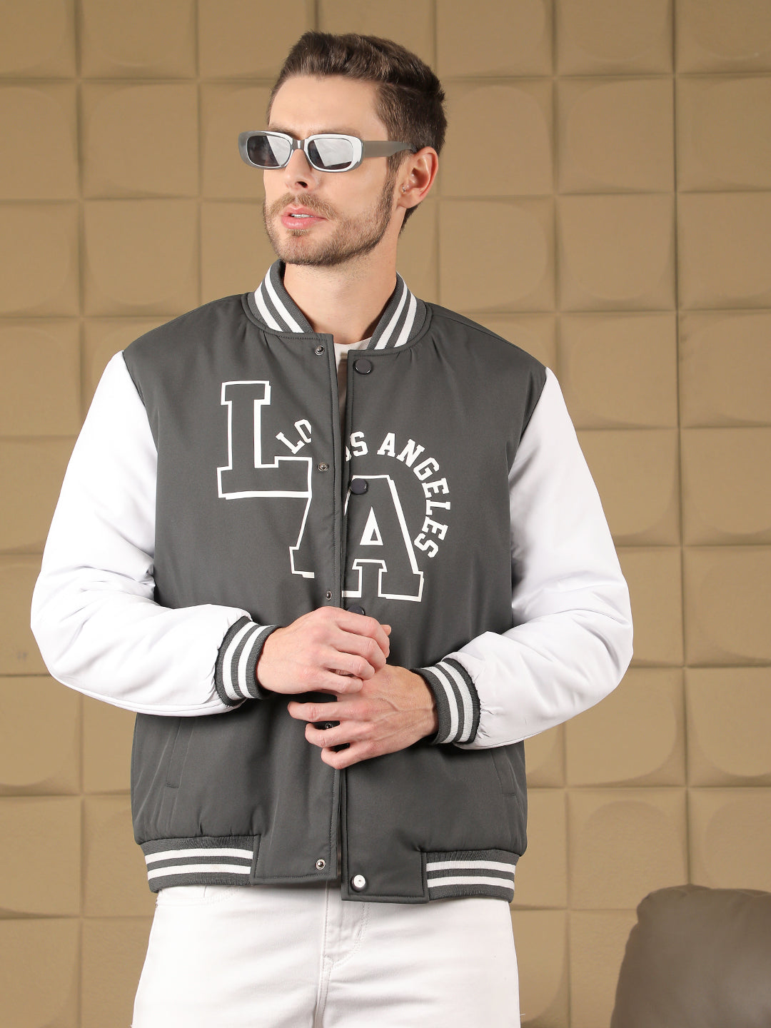 COBB GREY PRINTED FULL SLEEVES VARSITY JACKET
