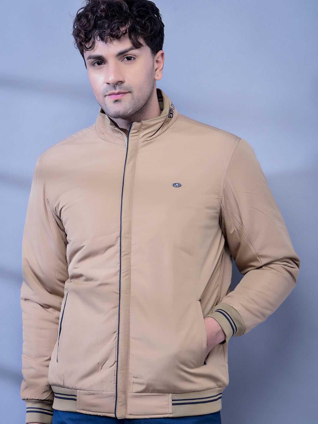 Cobb Beige Solid Round Neck Jacket