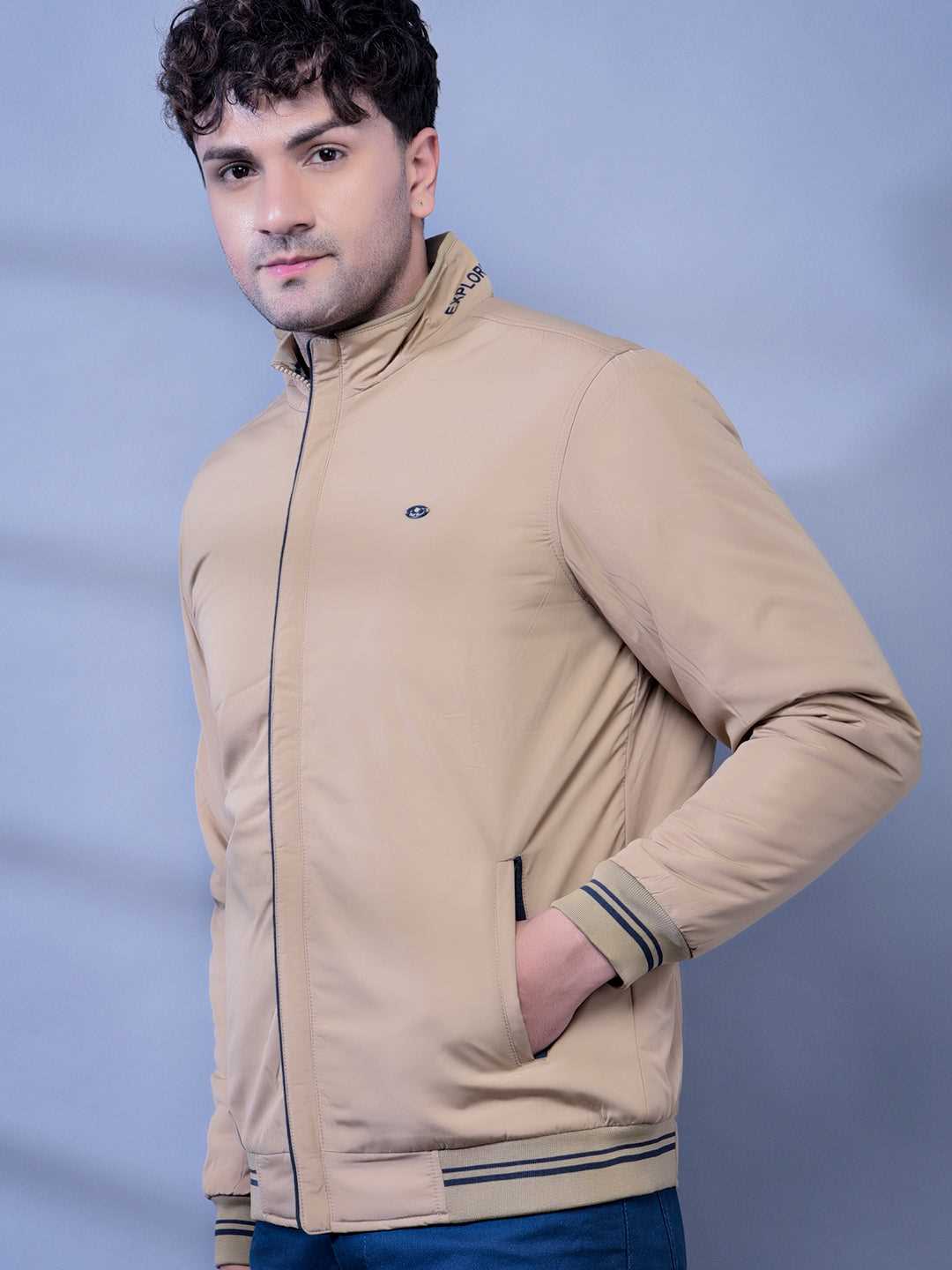 Cobb Beige Solid Round Neck Jacket