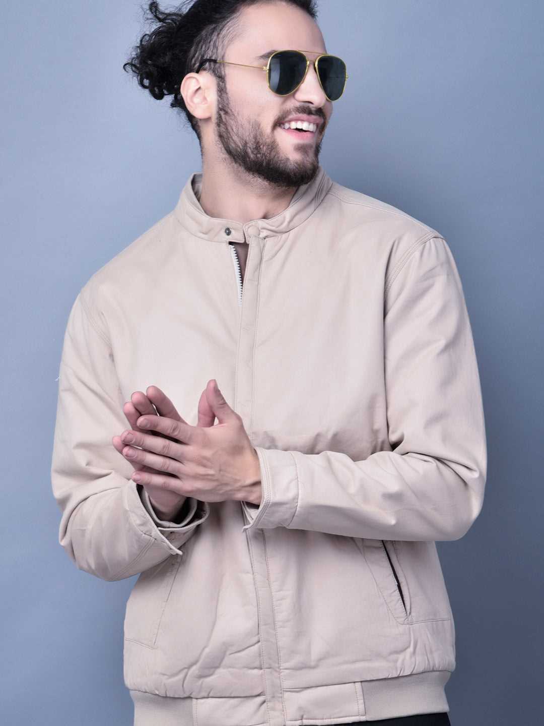 Cobb Beige Solid Round Neck Jacket
