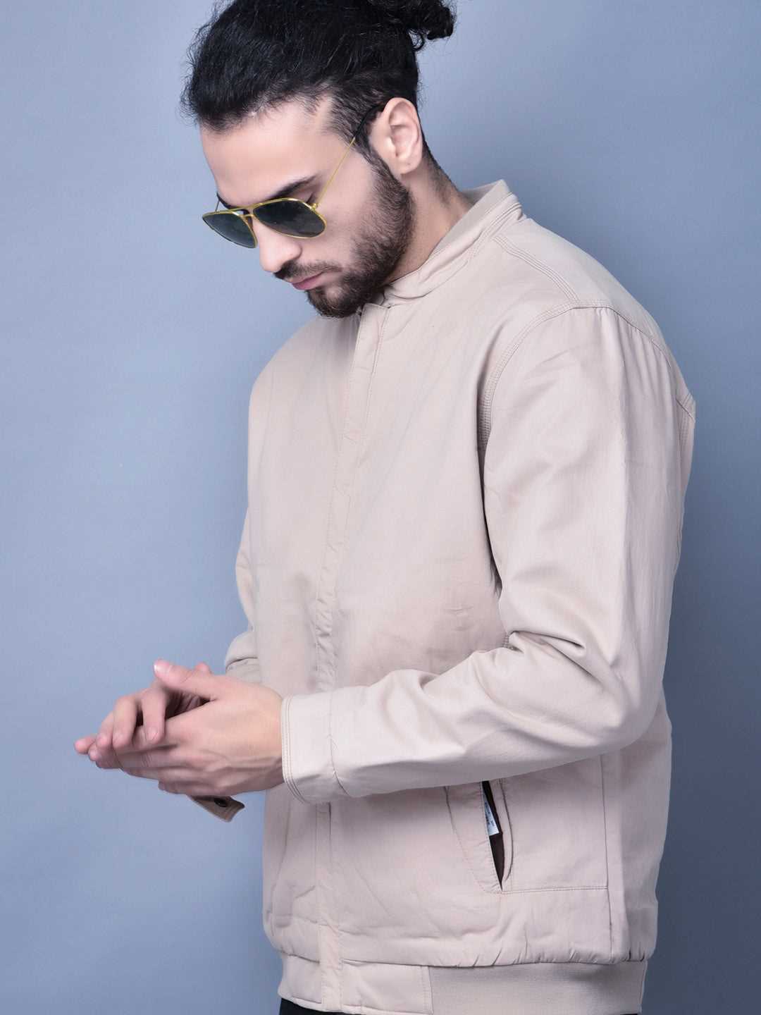 Cobb Beige Solid Round Neck Jacket