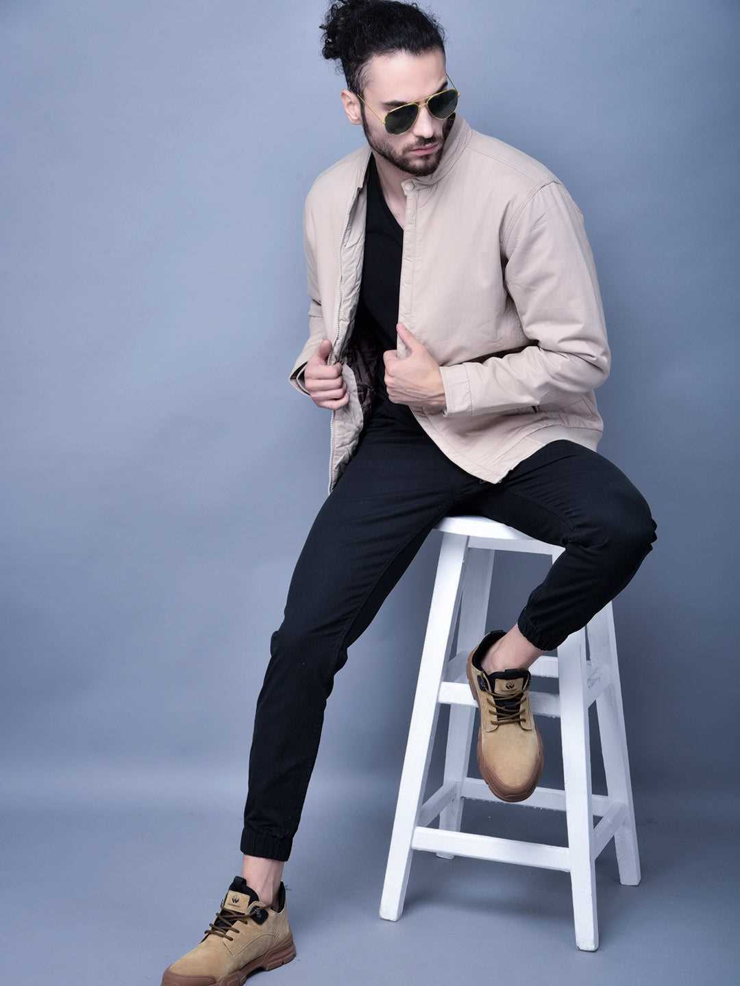 Cobb Beige Solid Round Neck Jacket