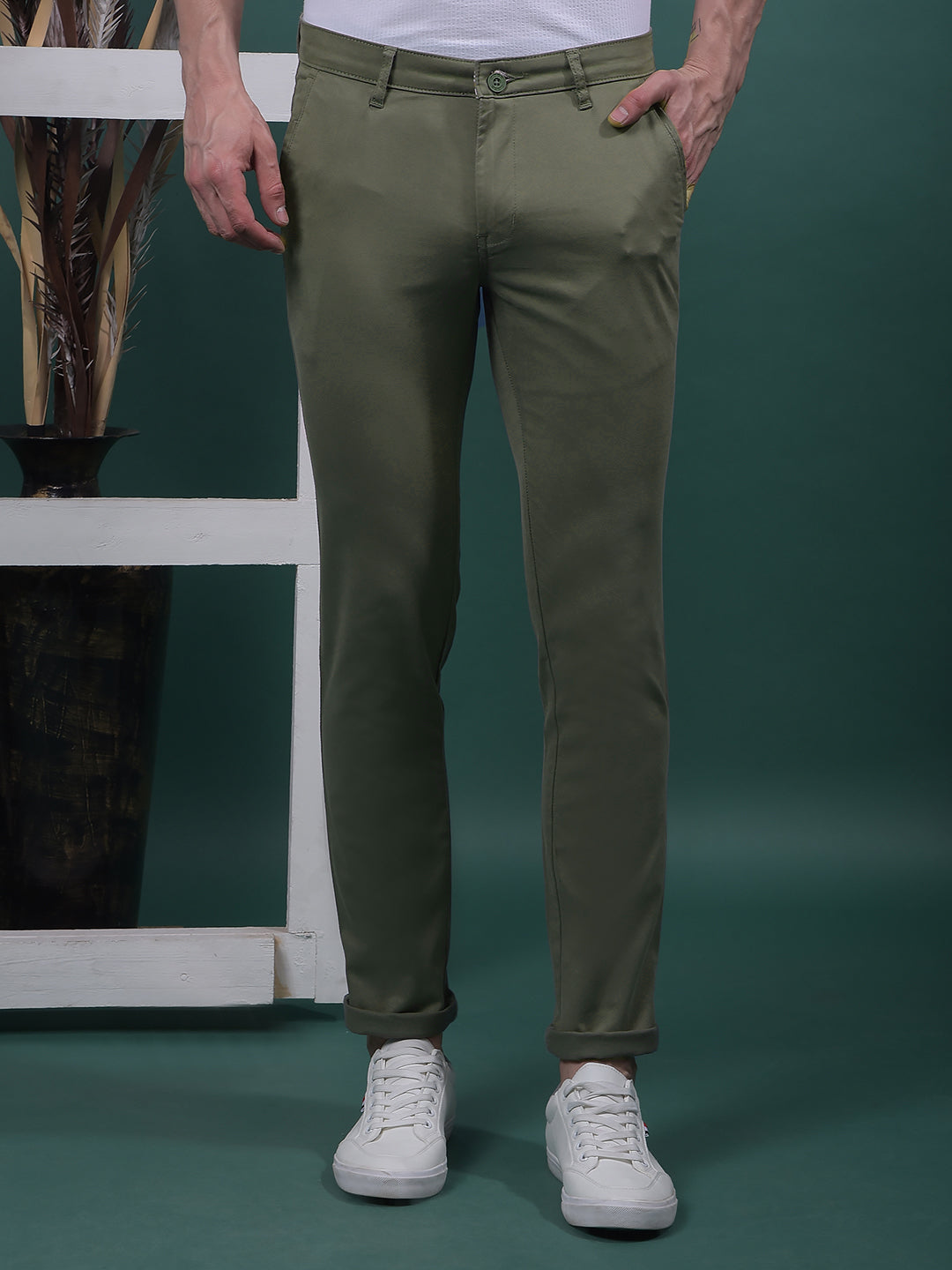 cobb solid green ultra-fit casual trouser