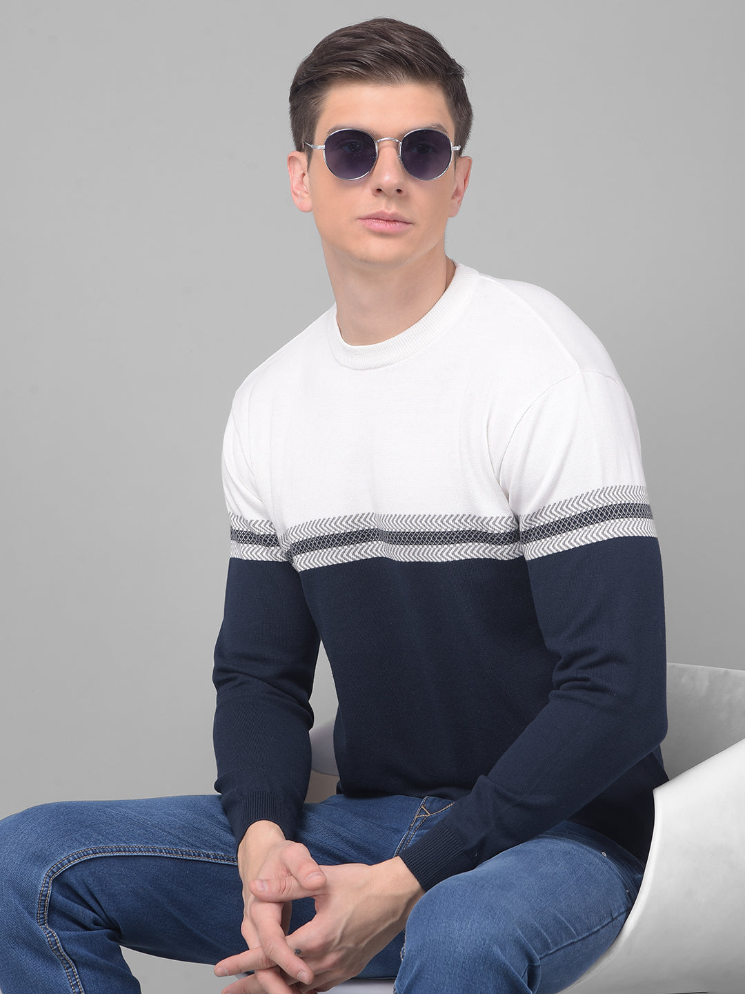 COBB NAVY WHITE STRIPED ROUND NECK SWEATER