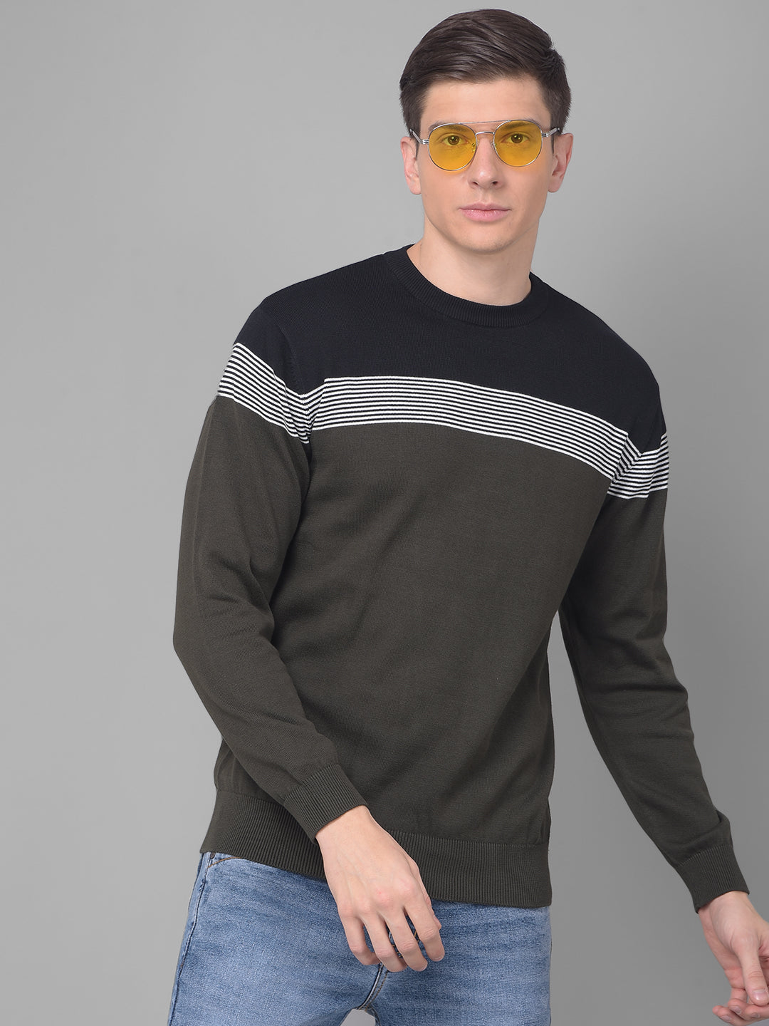 COBB OLIVE STRIPED ROUND NECK SWEATER