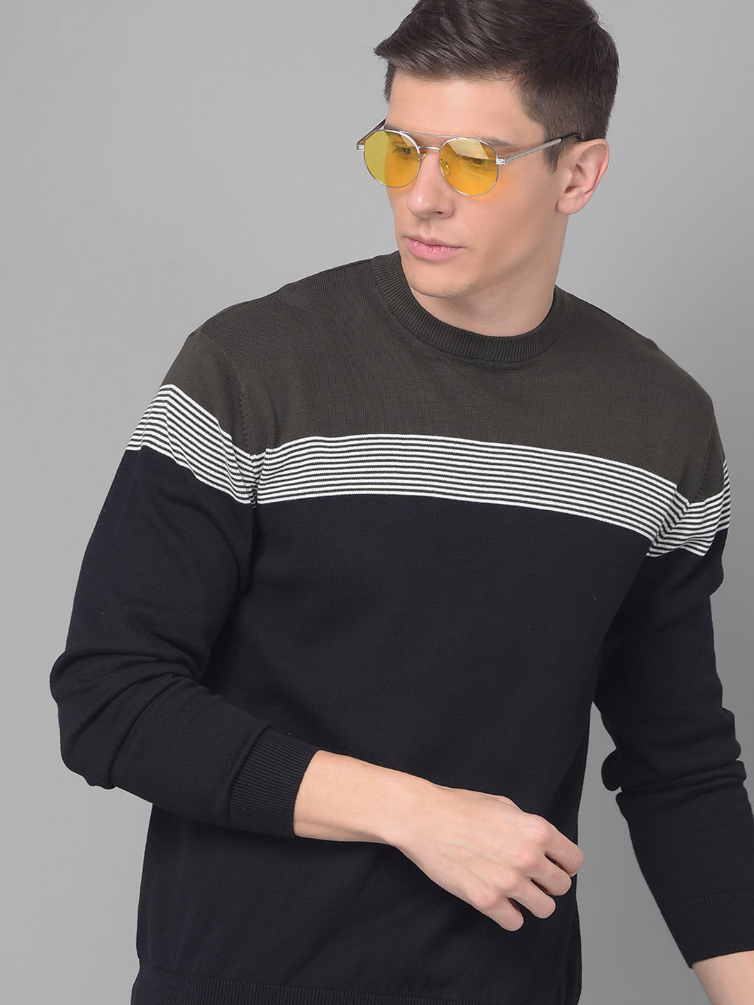 COBB DARK GREY GREEN STRIPED ROUND NECK SWEATER