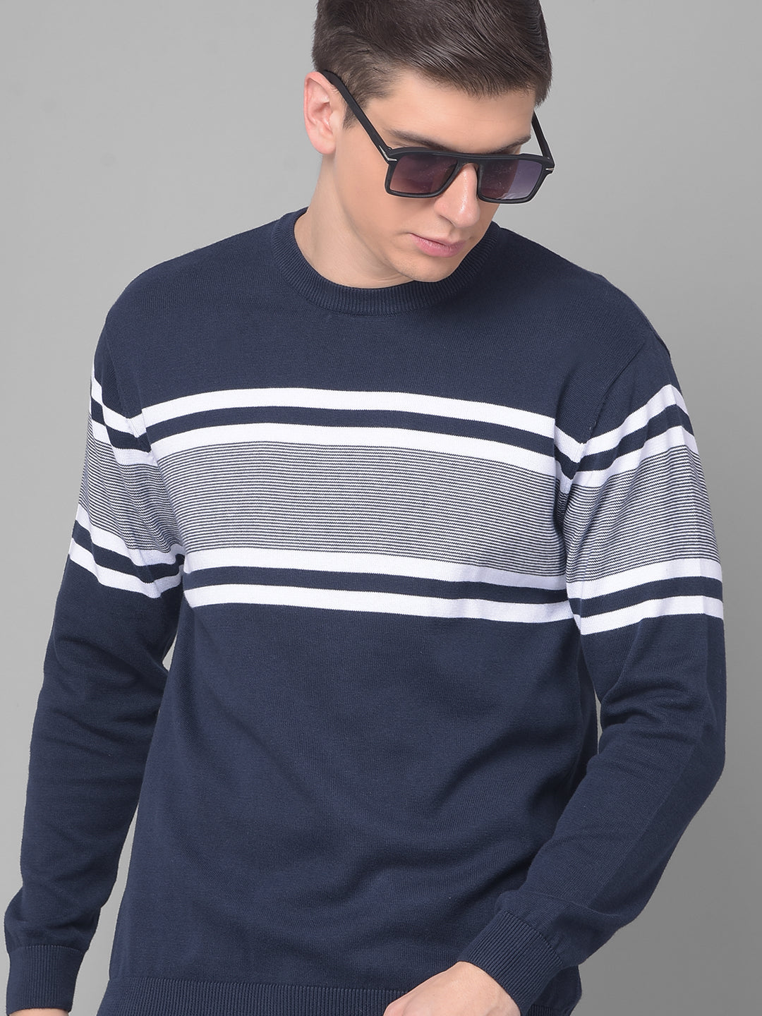 COBB NAVY STRIPED ROUND NECK SWEATER