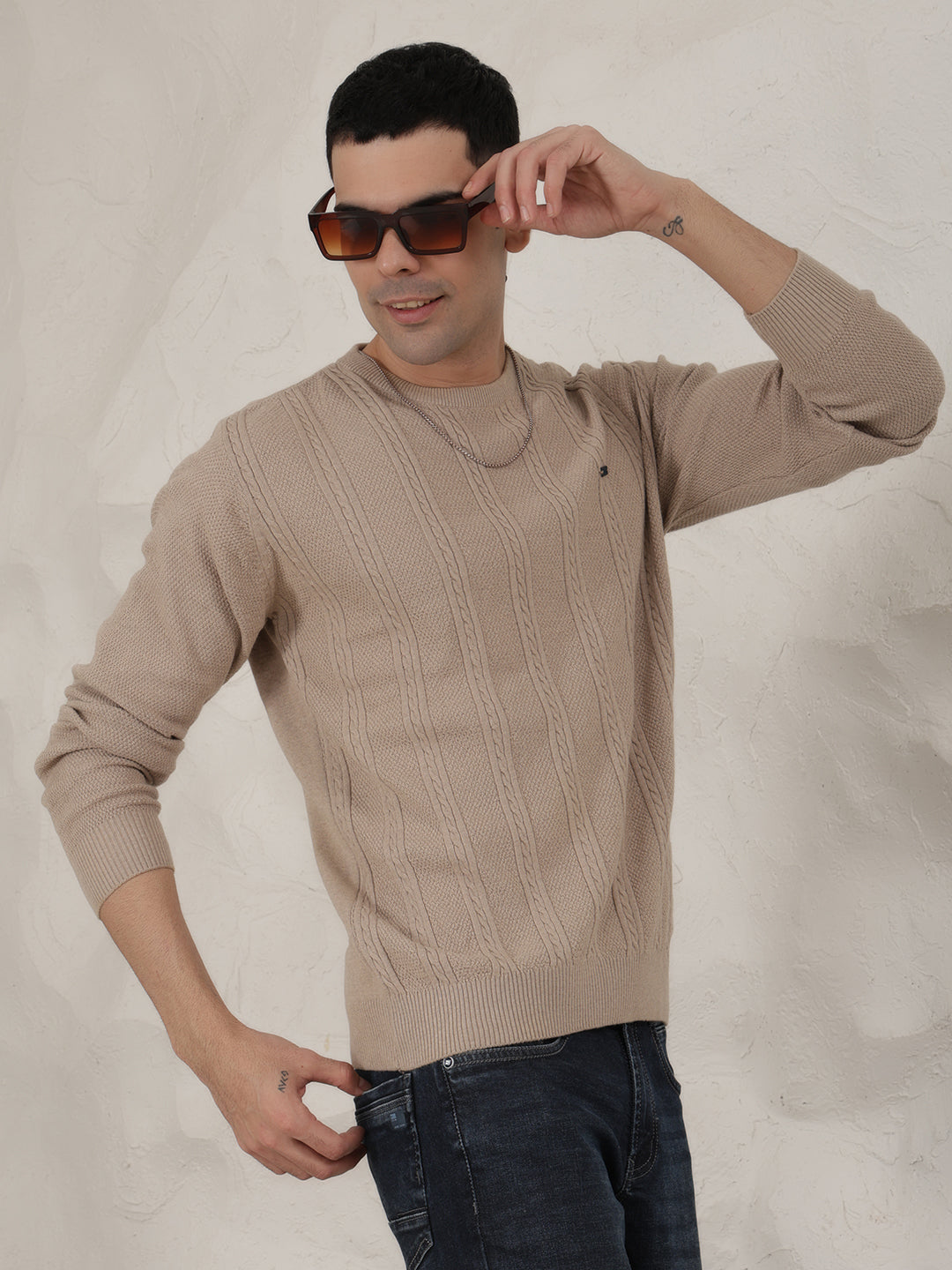 COBB BEIGE SELF-DESIGN ROUND NECK SWEATER