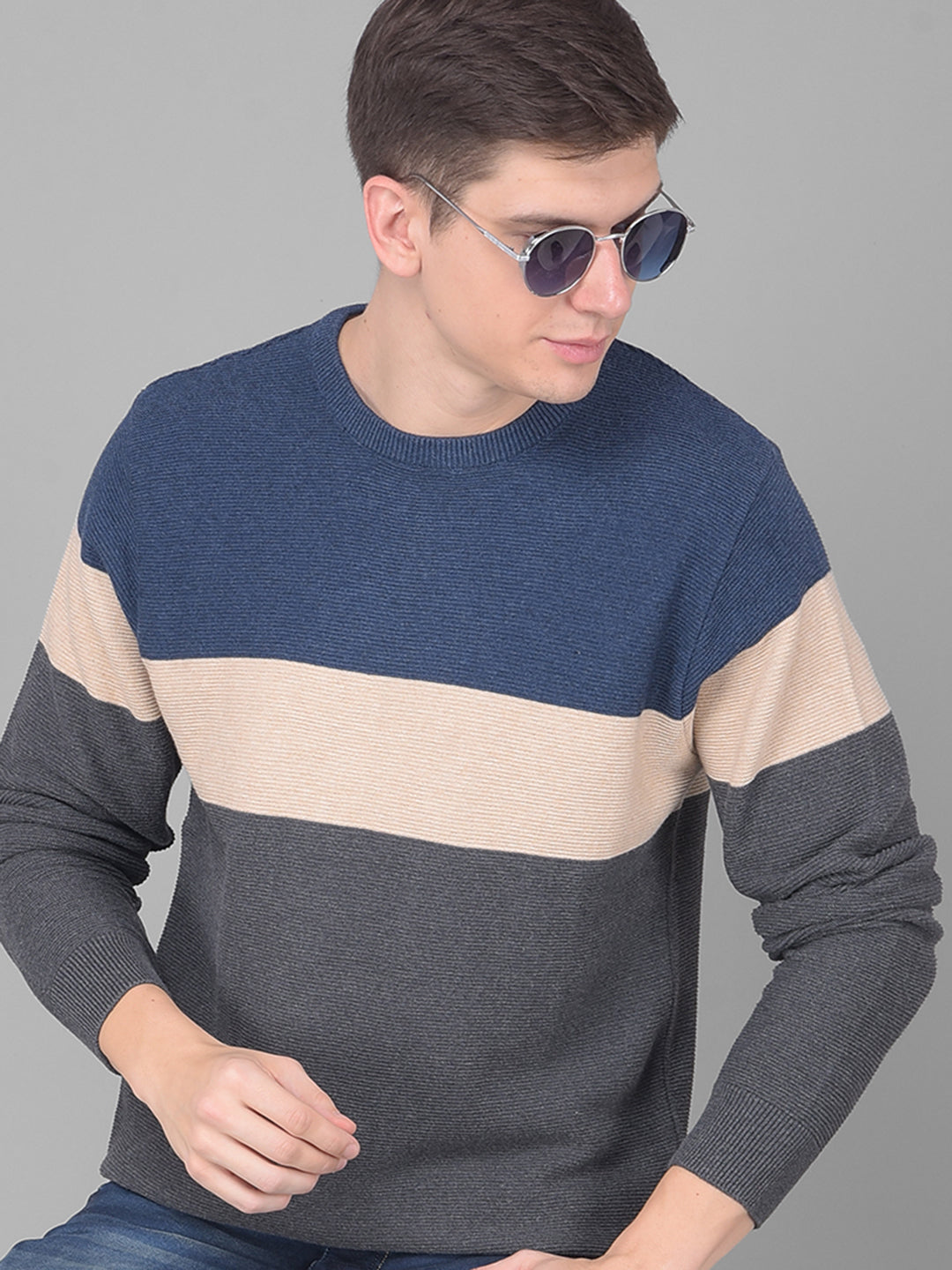 COBB DARK GREY STRIPED ROUND NECK SWEATER