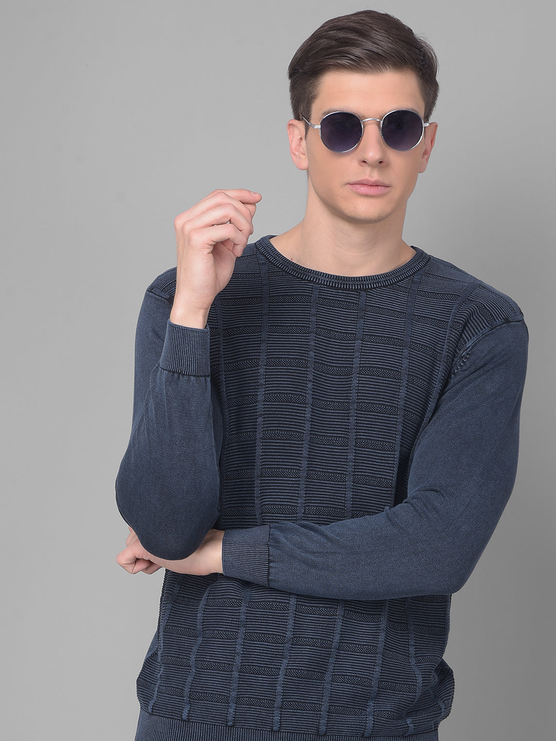 COBB DARK BLUE STRIPED ROUND NECK SWEATER