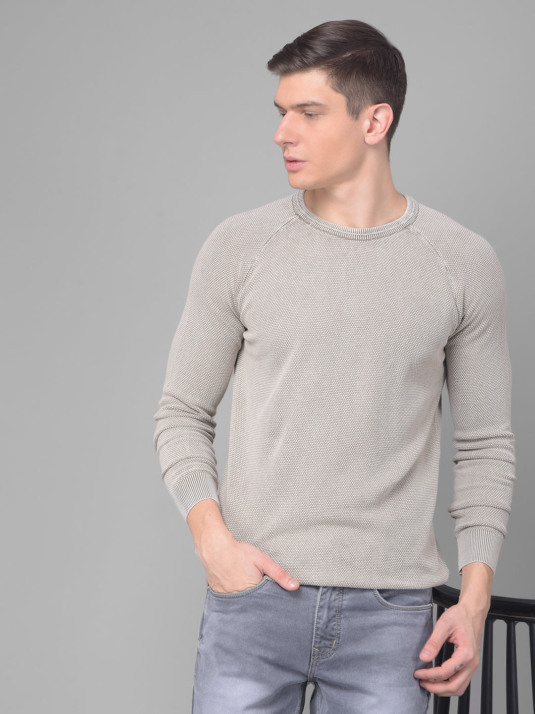 COBB SOLID BEIGE ROUND NECK SWEATER