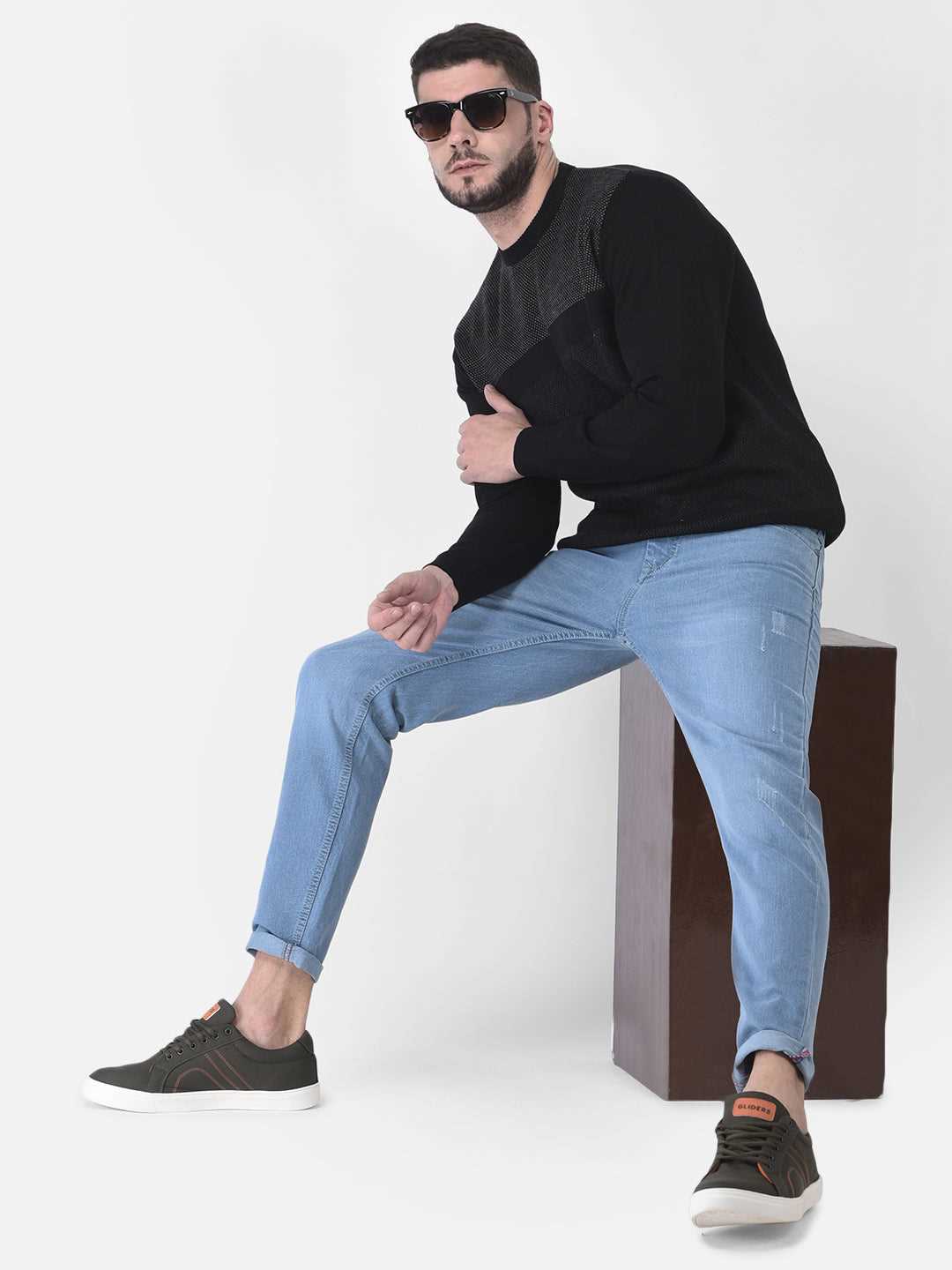 Cobb Black Solid Round Neck Sweater Black