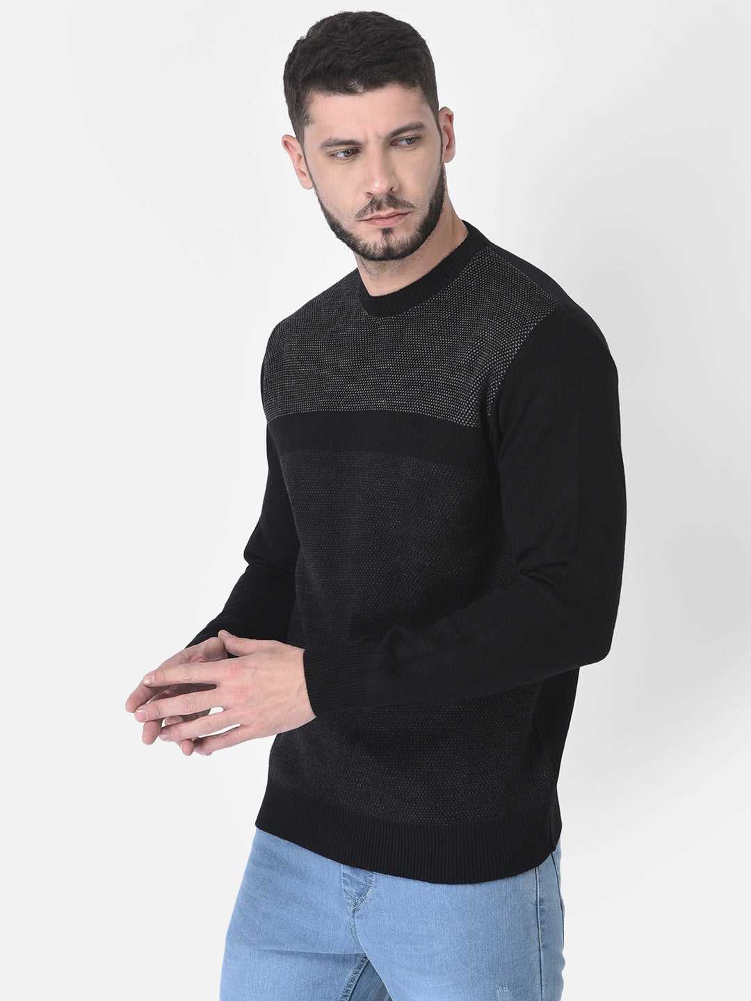 Cobb Black Solid Round Neck Sweater