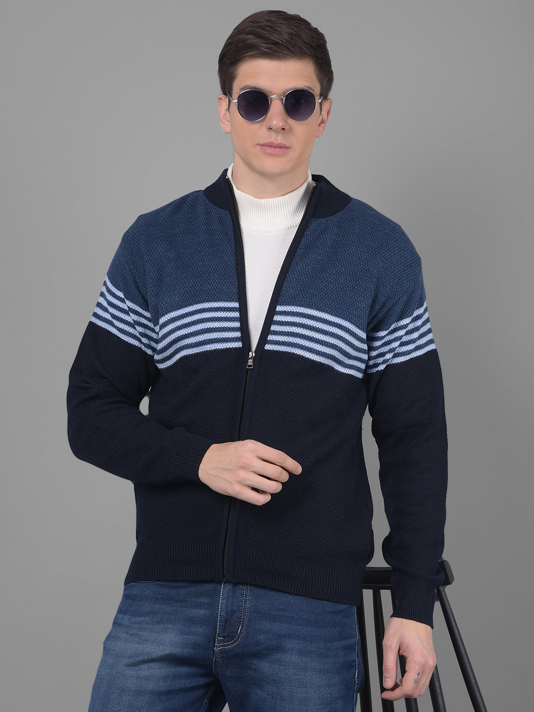 COBB BLUE STRIPED HIGH NECK ZIPPER SWEATER