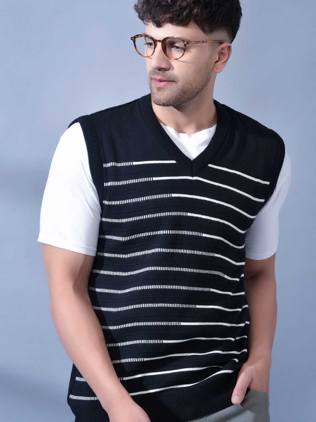 Cobb Black Striped V Neck Sleeveless Sweater