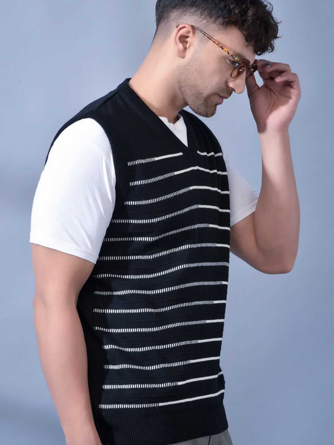 Cobb Black Striped V Neck Sleeveless Sweater